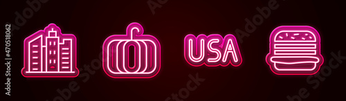 Set line City landscape, Pumpkin, USA label and Burger. Glowing neon icon. Vector