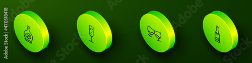 Set Isometric line Bottle of cognac or brandy, Glass champagne, and Champagne bottle icon. Vector