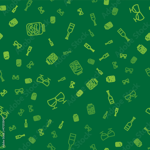 Set line Pickled cucumbers in a jar, Glass of cognac or brandy and Opened bottle wine on seamless pattern. Vector