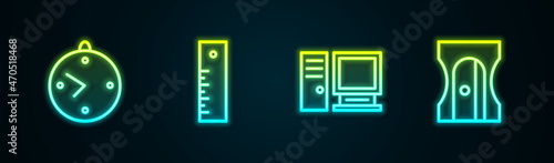 Set line Clock, Ruler, Computer monitor and Pencil sharpener. Glowing neon icon. Vector