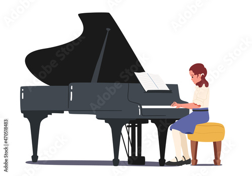Little Girl Pianist Playing Musical Composition on Grand Piano for Symphonic Orchestra or Opera Performance on Stage