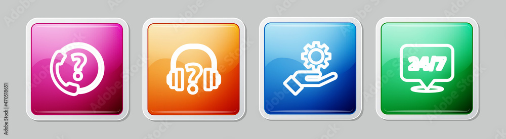 Set line Telephone 24 hours support, Headphones, Settings in the hand and Clock. Colorful square button. Vector Set line Telephone 24 hours support, Headphones, Settings in the hand and Clock. Colorful square button. Vector