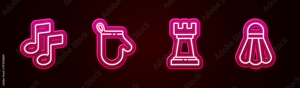 Set line Music note, tone, Oven glove, Business strategy and Badminton shuttlecock. Glowing neon icon. Vector Set line Music note, tone, Oven glove, Business strategy and Badminton shuttlecock. Glowing neon icon. Vector