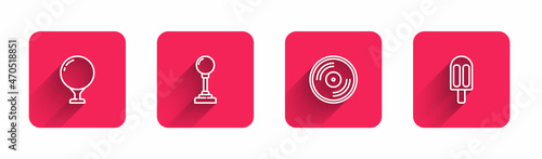 Set line Golf ball on tee, Joystick for arcade machine, Vinyl disk and Ice cream with long shadow. Red square button. Vector