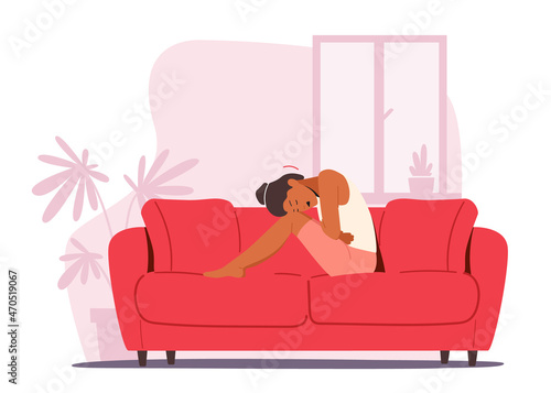 Woman Sitting on Couch Touch Belly, Appendicitis, Health Problem, Stomach Disease Symptoms. Unhealthy Body Sickness