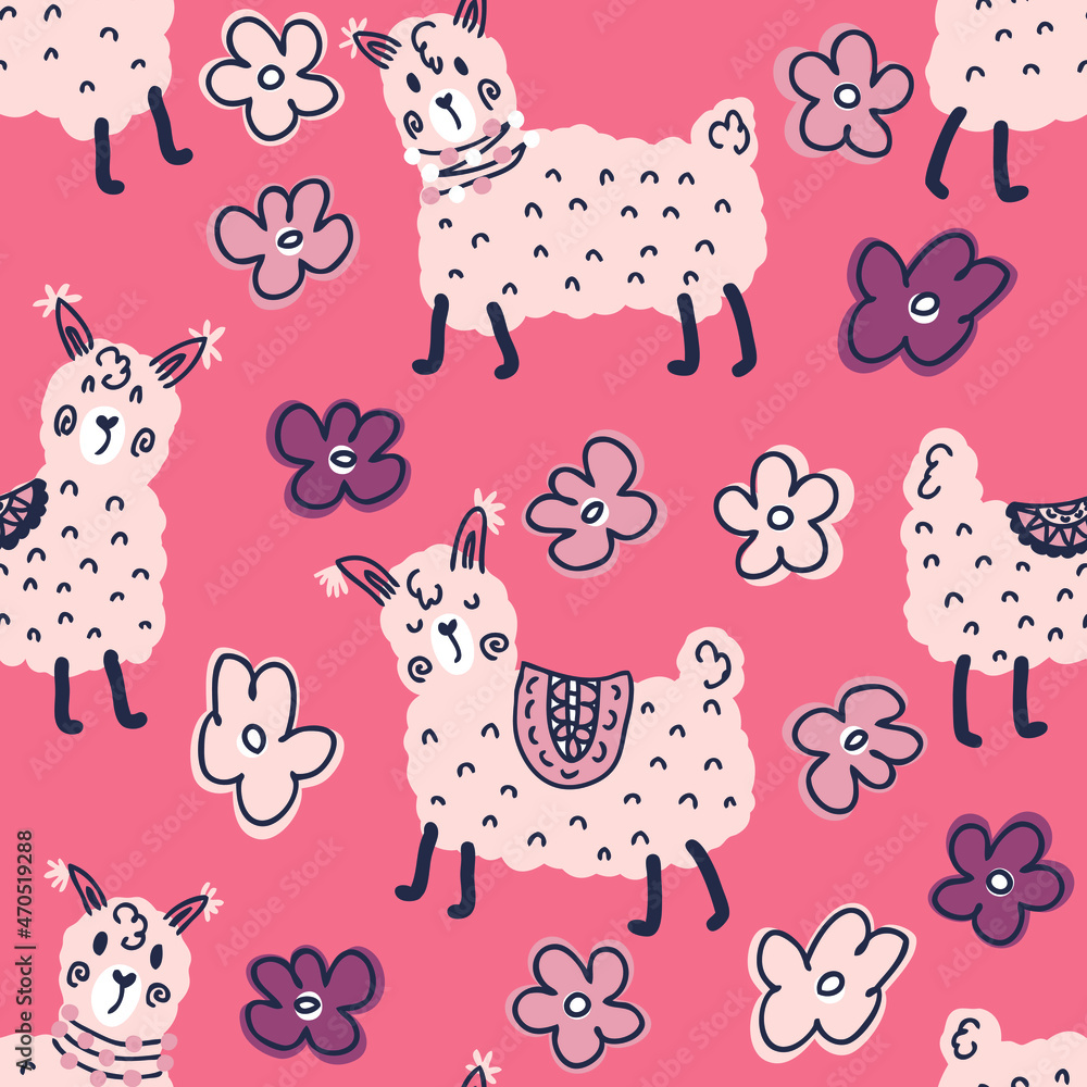 Fototapeta premium Doodle seamless pattern of cute alpacas and flowers. Perfect for T-shirt, textile and print. Hand drawn vector illustration for decor and design. 