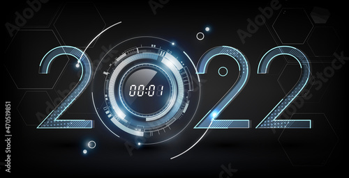 Happy New Year 2022 celebration with abstract digital clock on futuristic technology background, countdown concept, Can adjust digital number, vector illustration