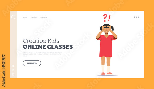 Creative Kids Online Classes Landing Page Template. Little Girl Character Stand Under Question and Exclamation Mark