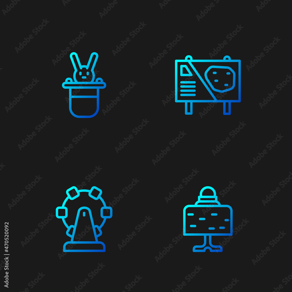 Set line Magic ball on table, Ferris wheel, Magician hat and rabbit and Amusement park billboard. Gradient color icons. Vector Set line Magic ball on table, Ferris wheel, Magician hat and rabbit and Amusement park billboard. Gradient color icons. Vector