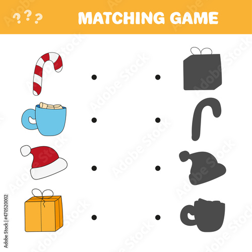 Matching game. Find the correct shadow of winter and Christmas items. Game for children. Educational math game for kids. Vector illustration