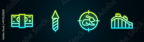 Set line Stacks paper money cash, Firework rocket, Hunt rabbit with crosshairs and Roller coaster. Glowing neon icon. Vector