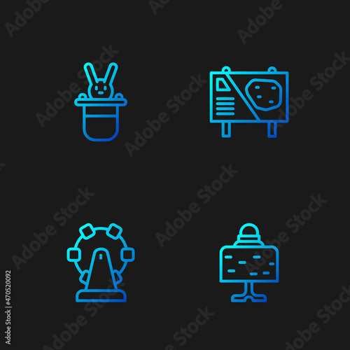 Set line Magic ball on table, Ferris wheel, Magician hat and rabbit and Amusement park billboard. Gradient color icons. Vector