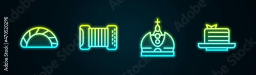 Set line Dumpling, Accordion, King crown and Medovik. Glowing neon icon. Vector