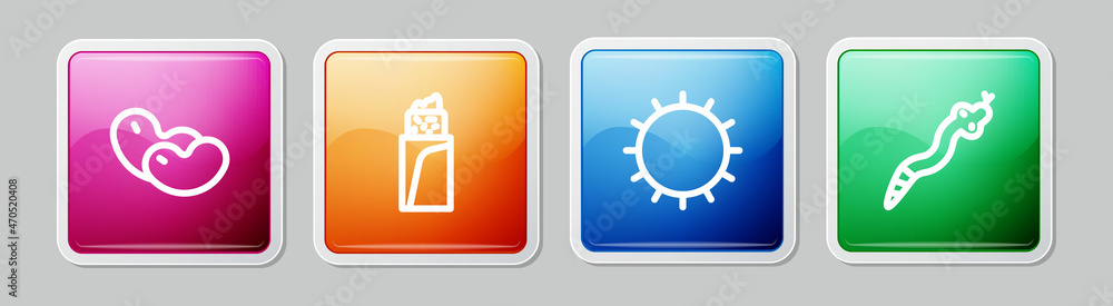 Set line Beans, Burrito, Sun and Snake. Colorful square button. Vector