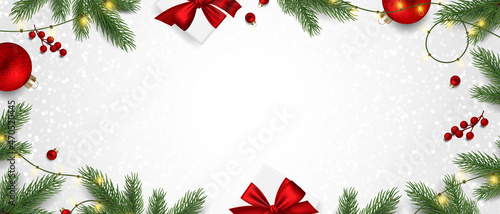 Christmas and New Year holiday background. Xmas greeting card. Christmas gifts on white background top view. Noel. Flat lay 