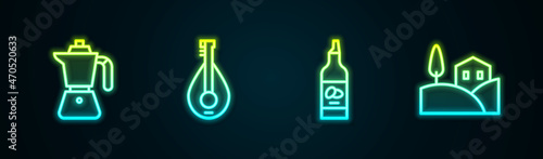 Set line Coffee moca pot, Mandolin, Bottle olive oil and Village landscape. Glowing neon icon. Vector
