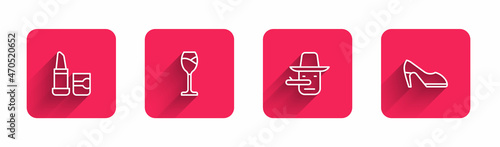 Set line Lipstick, Wine glass, Pinocchio and Woman shoe with long shadow. Red square button. Vector