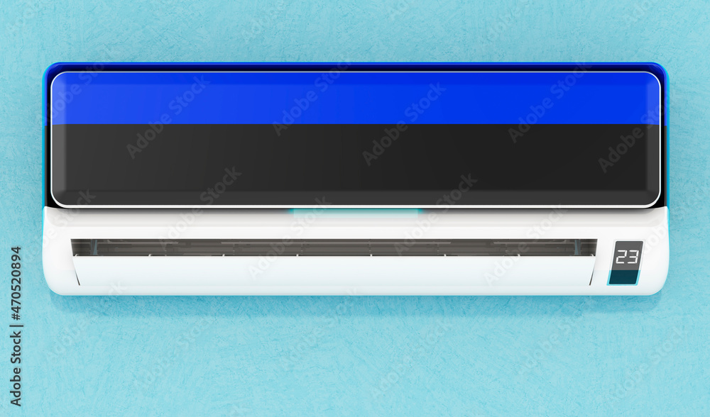 Air conditioner with Estonian flag on the wall. House climate control system in Estonia. 3D rendering Air conditioner with Estonian flag on the wall. House climate control system in Estonia. 3D rendering