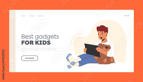 Best Gadgets for Kids Landing Page Template. Relaxed Boy with Tablet Pc Watching Movies or Studying Online, Education
