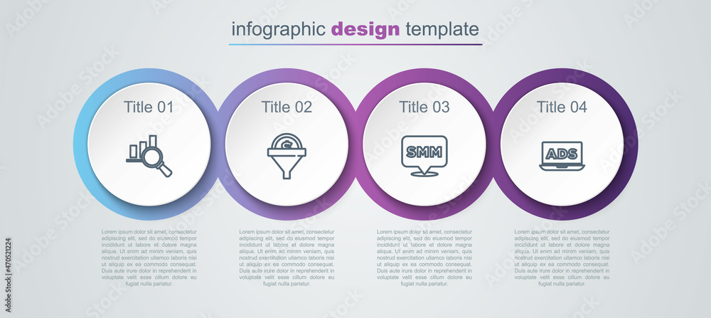 Set line Magnifying glass and analysis, Lead management, Social media marketing and Advertising. Business infographic template. Vector Set line Magnifying glass and analysis, Lead management, Social media marketing and Advertising. Business infographic template. Vector