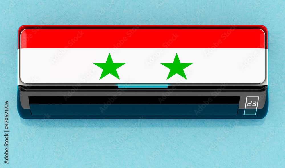 Air conditioner with Syrian flag on the wall. House climate control system in Syria. 3D rendering Air conditioner with Syrian flag on the wall. House climate control system in Syria. 3D rendering