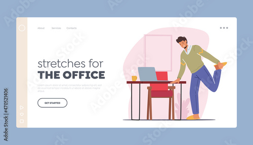 Stretches for the Office Landing Page Template. Worker Exercising at Workplace while Work on Laptop. Man Stretching