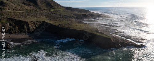 The cold Pacific Ocean washes onto the rugged coastline of Northern California north of Fort Bragg. The Pacific Coast Highway runs right along this scenic region in Mendocino County.