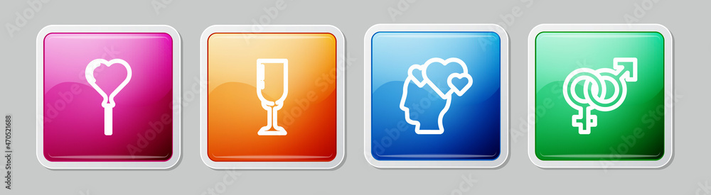Set line Balloons in form of heart, Glass champagne, Head with and Gender. Colorful square button. Vector Set line Balloons in form of heart, Glass champagne, Head with and Gender. Colorful square button. Vector