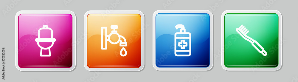 Set line Toilet bowl, Water tap, Hand sanitizer bottle and Toothbrush. Colorful square button. Vector Set line Toilet bowl, Water tap, Hand sanitizer bottle and Toothbrush. Colorful square button. Vector