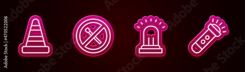 Set line Traffic cone, No fire match, Ringing alarm bell and Flashlight. Glowing neon icon. Vector