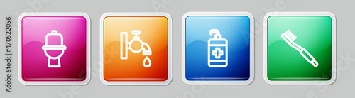 Set line Toilet bowl, Water tap, Hand sanitizer bottle and Toothbrush. Colorful square button. Vector