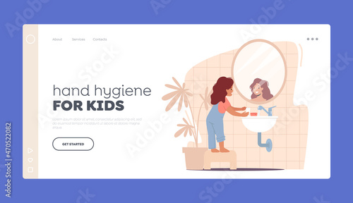 Hand Hygiene for Kids Landing Page Template. Kids Character Morning or Evening Routine. Little Girl Washing Hands