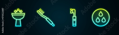 Set line Washbasin with water tap, Toothbrush, Electric toothbrush and Water drop. Glowing neon icon. Vector
