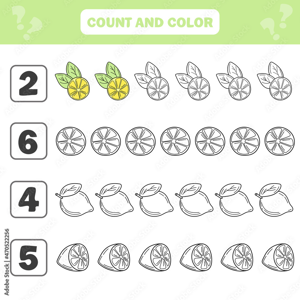 Count and color game for preschool children - Lemons. Worksheet for the development of mathematical abilities. Coloring book for kids