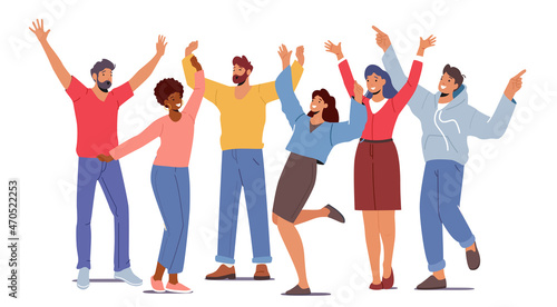 Multinational Happy People Raising and Waving Hands, Young Male and Female Characters in Casual Clothes Gesturing