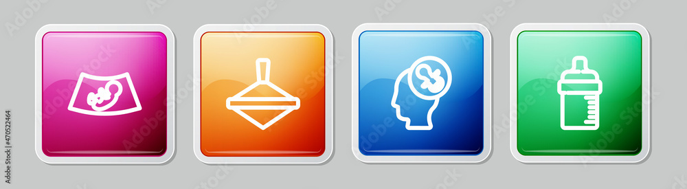 Set line Ultrasound of baby, Whirligig toy, Baby dummy pacifier and bottle. Colorful square button. Vector Set line Ultrasound of baby, Whirligig toy, Baby dummy pacifier and bottle. Colorful square button. Vector