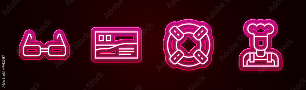 Set line Glasses, Postcard travel, Lifebuoy and Cook. Glowing neon icon. Vector Set line Glasses, Postcard travel, Lifebuoy and Cook. Glowing neon icon. Vector