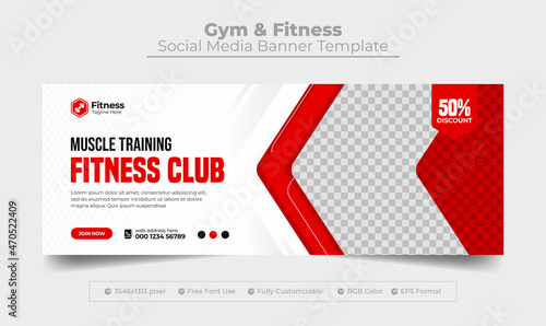 Fitness and gym club facebook cover photo and web banner template for bodybuilding service business