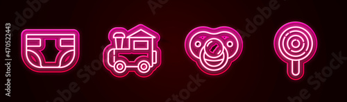 Set line Baby absorbent diaper, Toy train, dummy pacifier and Lollipop. Glowing neon icon. Vector