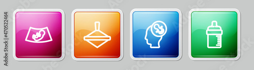 Set line Ultrasound of baby, Whirligig toy, Baby dummy pacifier and bottle. Colorful square button. Vector