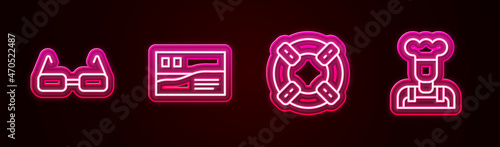 Set line Glasses, Postcard travel, Lifebuoy and Cook. Glowing neon icon. Vector