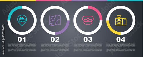 Set line Location with cruise ship, Folded map, Captain hat and Photo camera. Business infographic template. Vector