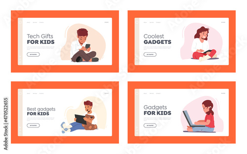 Children Using Gadgets Landing Page Template Set. Kids Remote Education, Addiction of Smart Technologies