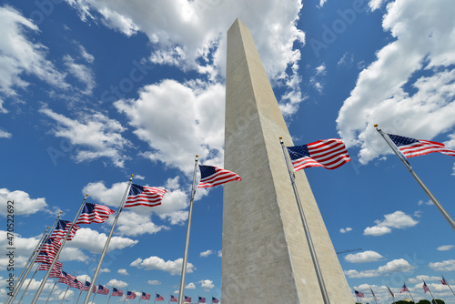 Washington Monument and waving US national flags around it - Washington DC United States