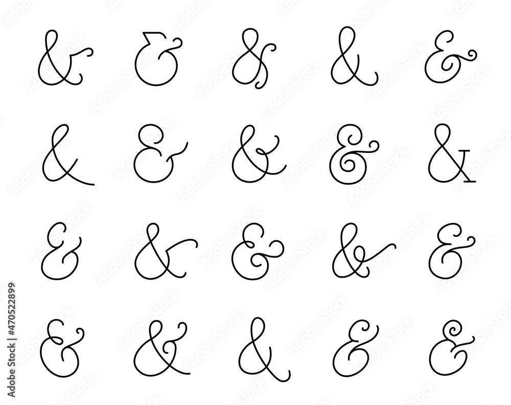 Set of elegant ampersand symbols. And sign collection. Outline hand drawn ampersand icon for invitations and letters. Editable stroke. - obrazy, fototapety, plakaty 