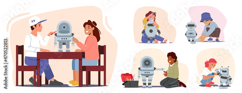 Kids Programming and Creating Robots in Class. Engineering for Kids, Children Learn Science, Mechanic Activities