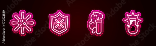Set line Bacteria, Shield protecting from virus, Chemical explosion and . Glowing neon icon. Vector