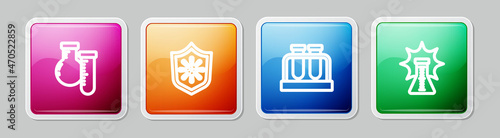 Set line Test tube and flask, Shield protecting from virus, and Chemical explosion. Colorful square button. Vector