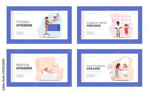 Children in Bathroom Landing Page Template Set Kids Bathing, Washing Hands, Pooping, Brushing Teeth. Children Routine
