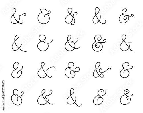 Set of elegant ampersand symbols. And sign collection. Outline hand drawn ampersand icon for invitations and letters. Editable stroke.